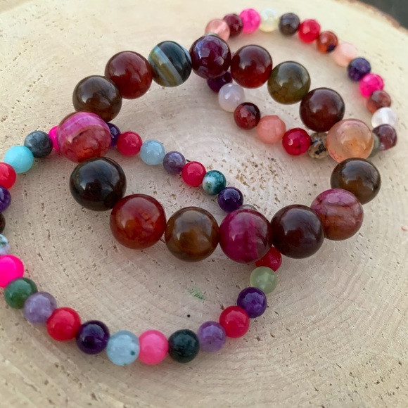 Natural Multi-Color Dyed Faceted Round Agate Gemstone Mixed Bead Bracelet Stack - Picture 7 of 13